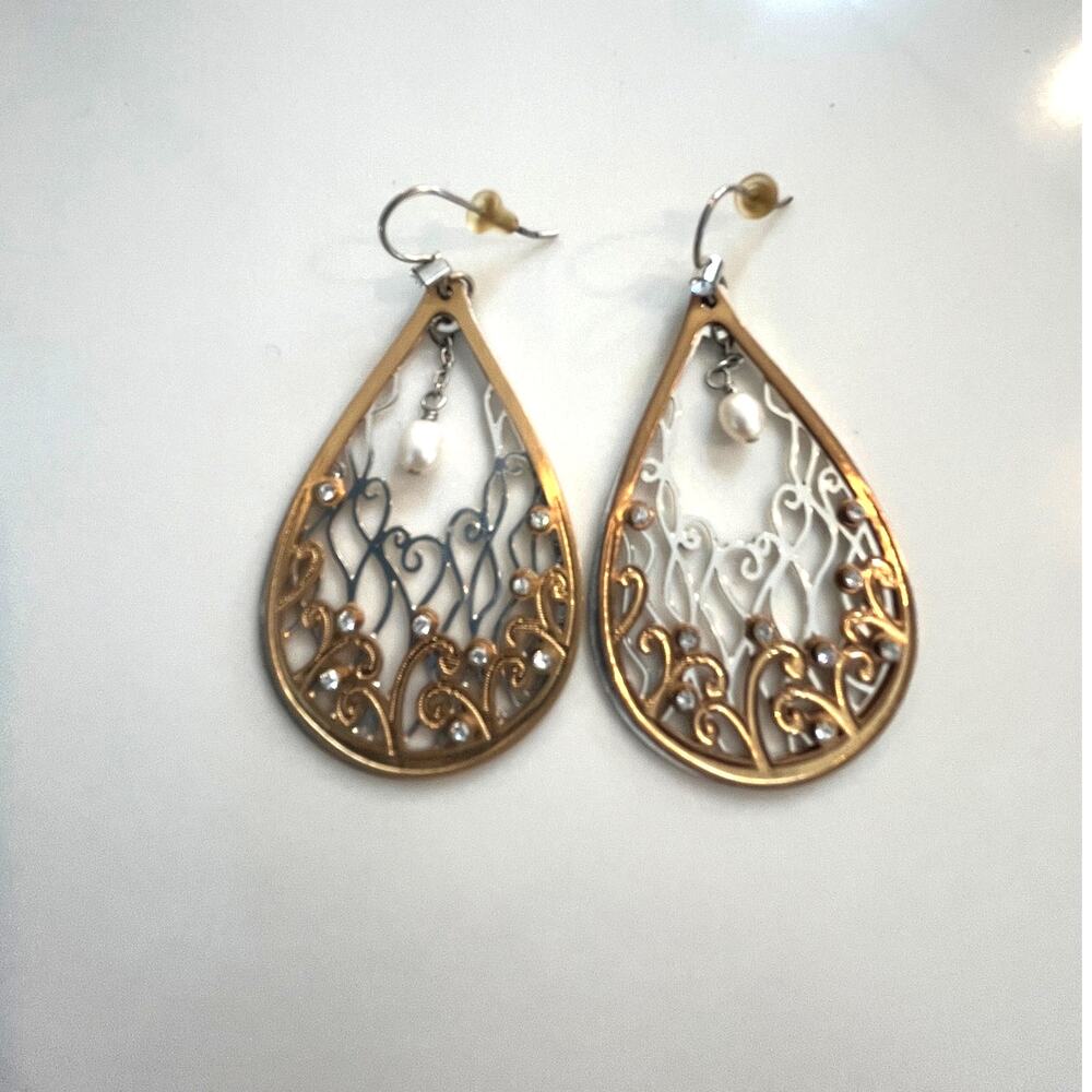 Delicate 2" Goldtone & Silvertone Filigree Teardrop Earrings with Pearls